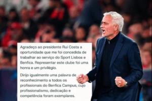 将执教皇马！穆帅告别本菲卡：感谢主席给我机会，真诚地感谢球员